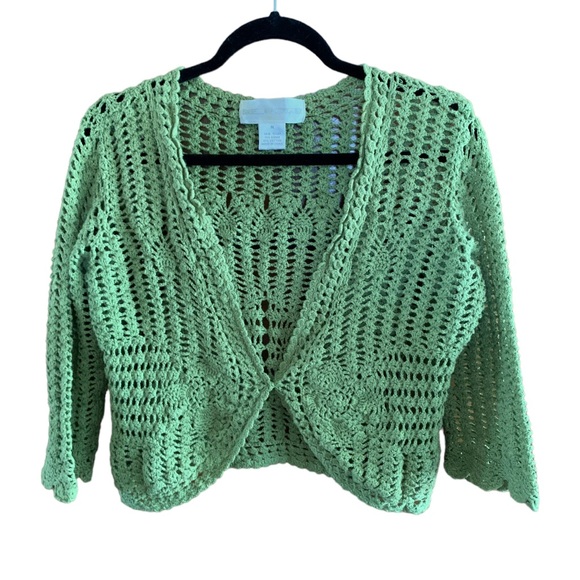 Isabella Rodriguez green cropped knit crochet cardigan sweater 90s M - Picture 1 of 7